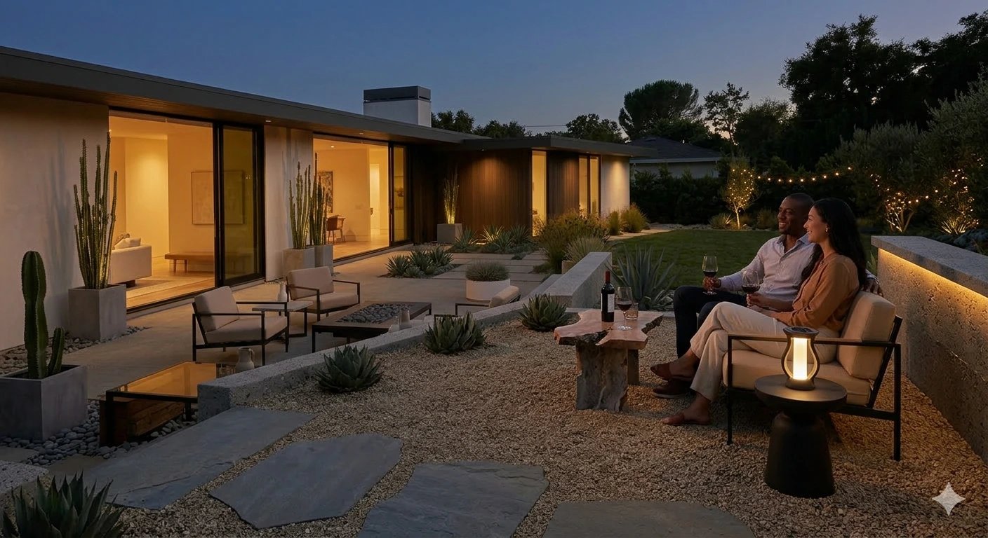 Small backyard patio with cozy seating, plants, and soft lighting for relaxing outdoor space