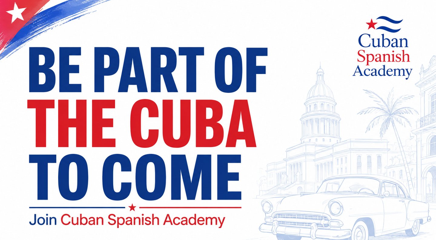Cuban Spanish Academy advertisement with vintage car and Capitolio outline in Havana.