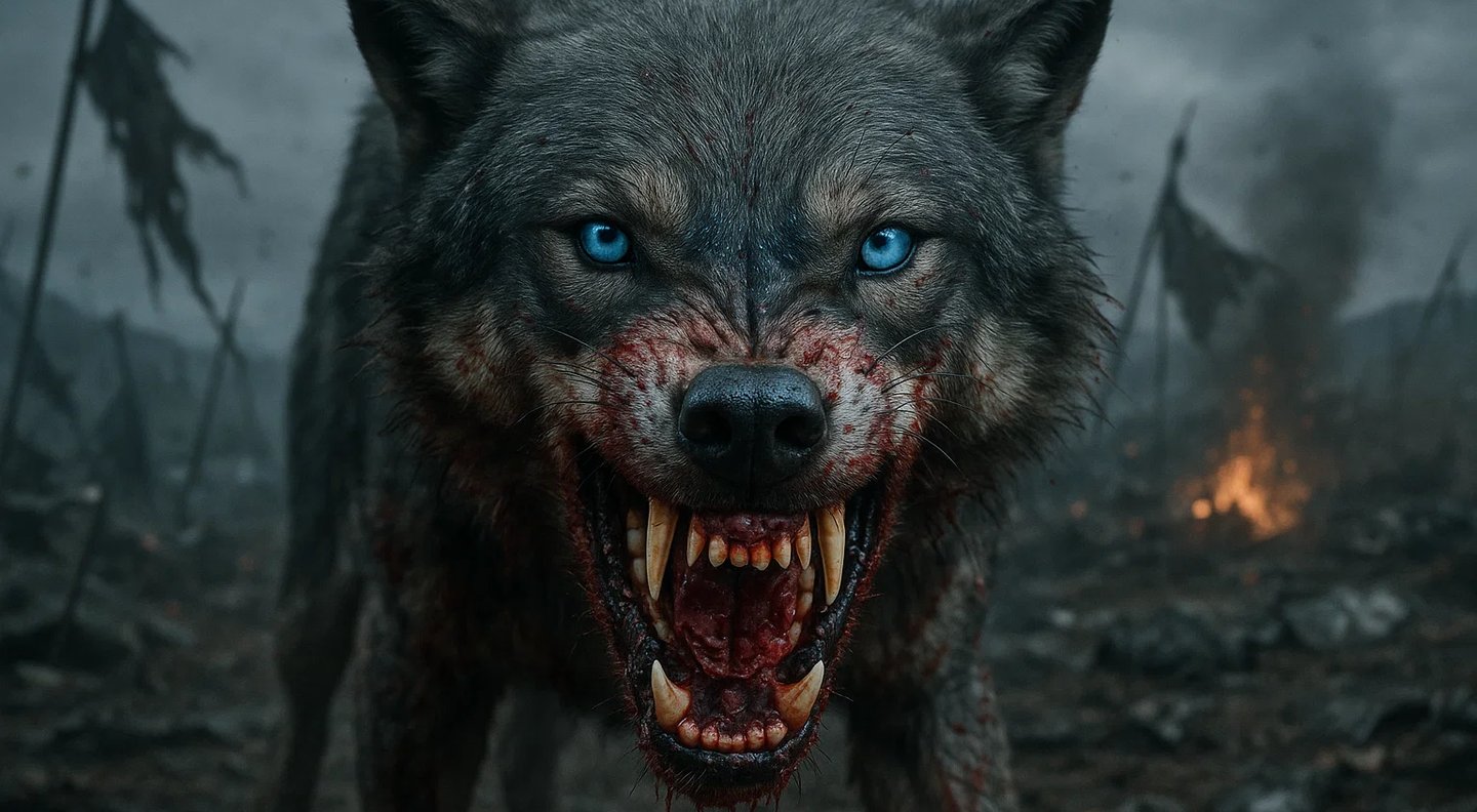 Rozwścieczony Fenrir z odsłoniętymi kłami – symbol gniewu, buntu i brutalnej prawdy o rzeczywistości