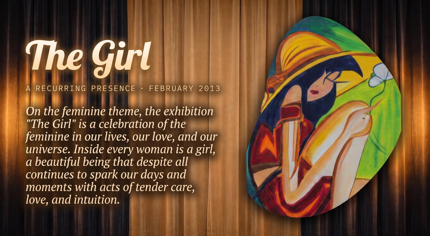 The Girl art exhibition poster featuring a colorful painting of a woman in a sun hat on wood background.