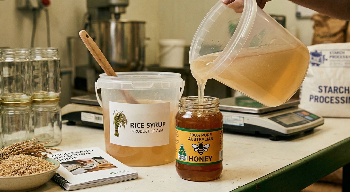 pouring cheap imported rice syrup into a glass jar falsely labeled 100% pure Australian honey, honey adulteration honey fraud