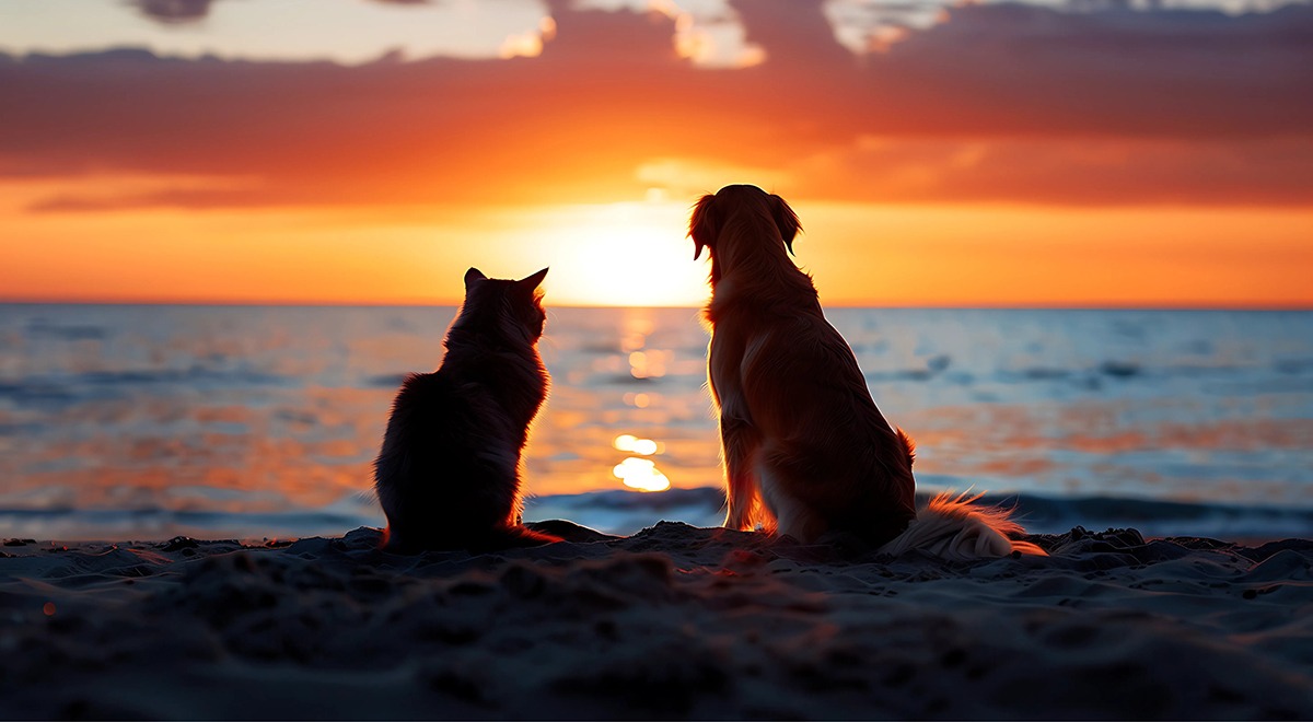 a cat and a dog sitting on the beach at sunset.
