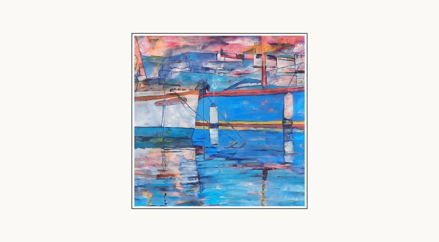 Azur by Coby Hurtak. Abstract painting of two boats reflecting in blue water with a pink sky.