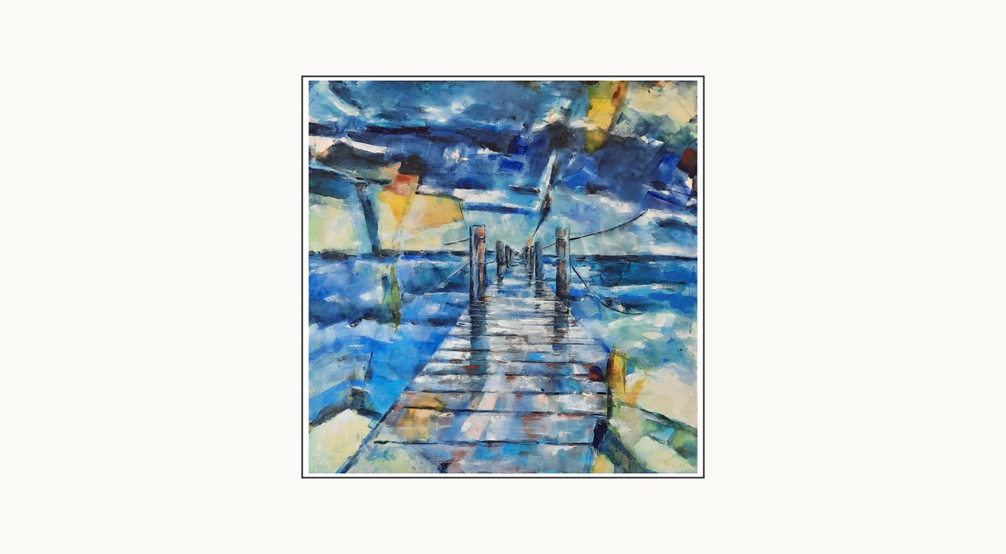 Bonne Terrasse by Coby Hurtak. Abstract painting of a wooden boardwalk extending into blue water.