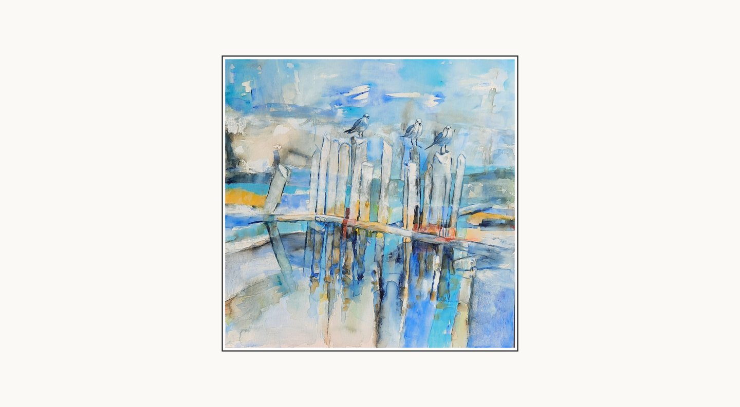 Méditation by Coby Hurtak. Abstract painting of seagulls on wooden posts reflecting in blue water.