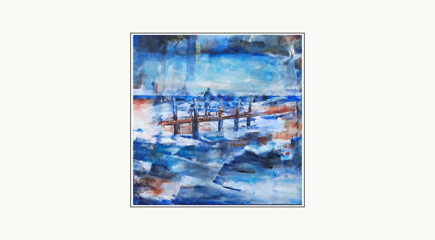 In the Storm by Coby Hurtak. Abstract painting of a wooden boardwalk extending into storm sea.