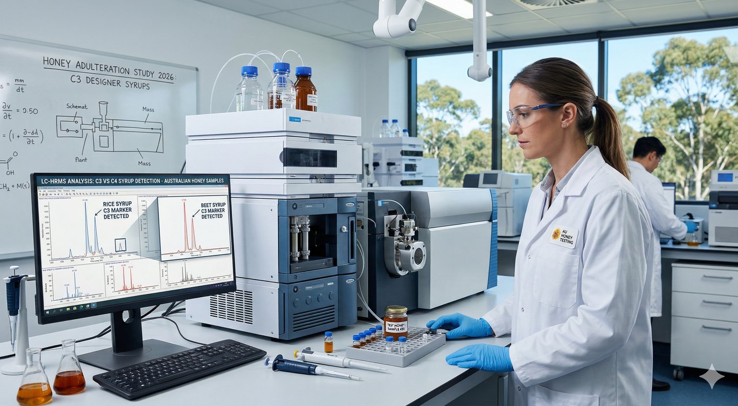 Scientist in a laboratory using LC-HRMS equipment for honey purity and adulteration testing.