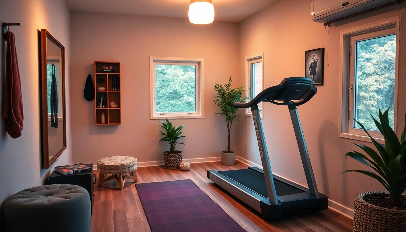 a cozy well lit small home gym with a mirror,  a yoga mat, a treadmill.  