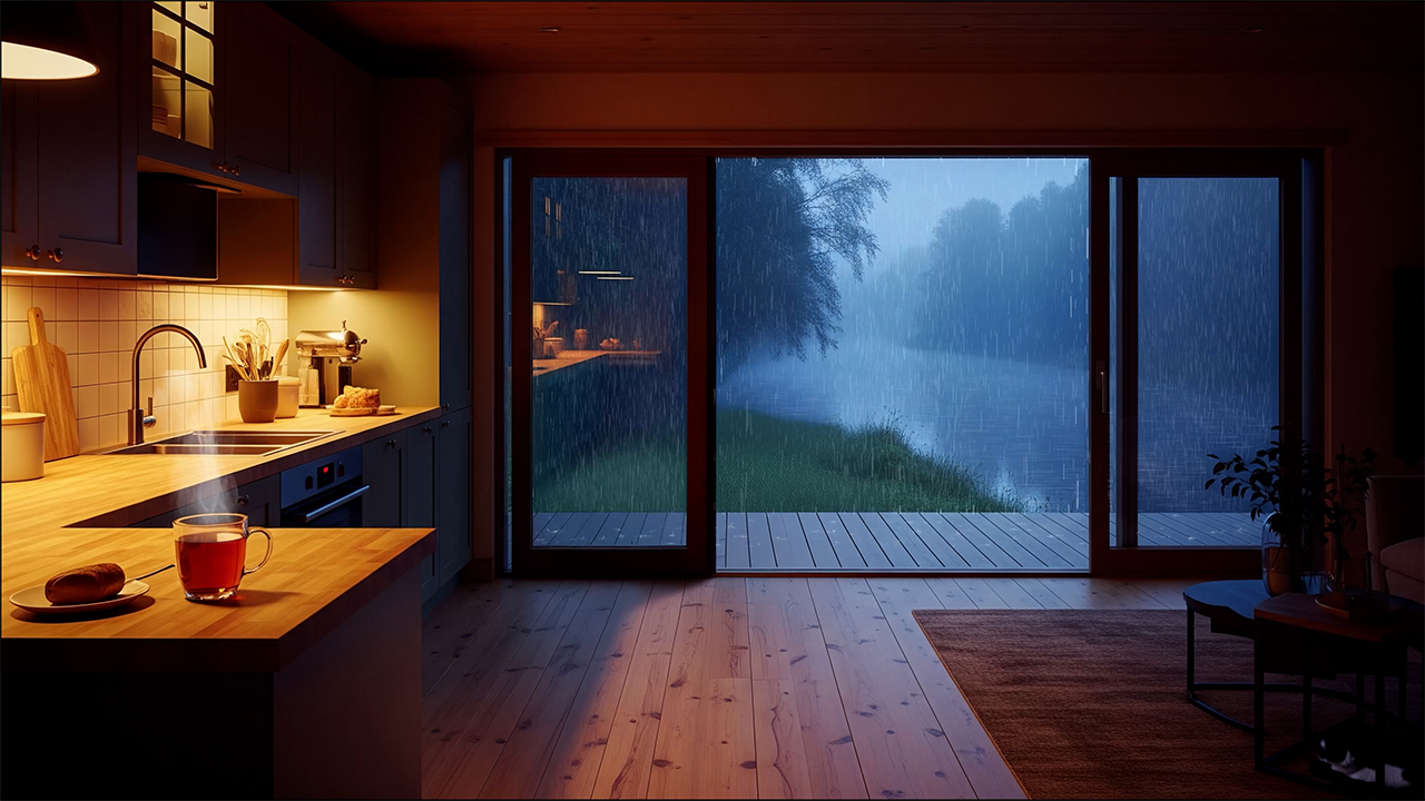 Cozy kitchen ambience. Rain, stream and fog on a summer night.