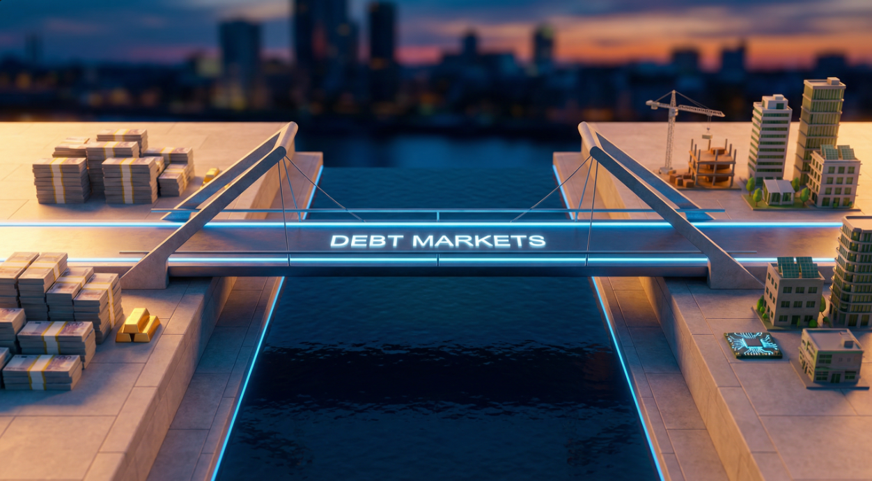 A 3D rendering of a modern bridge labeled Debt Markets connecting cash stacks to a miniature city.