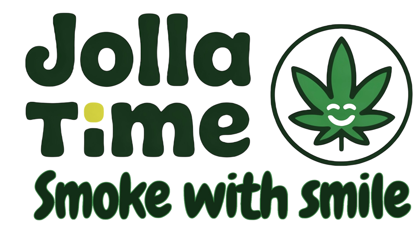 Jolla Time Smoke with Smile logo features green text, a yellow dot, and a smiling marijuana leaf icon for cannabis branding.