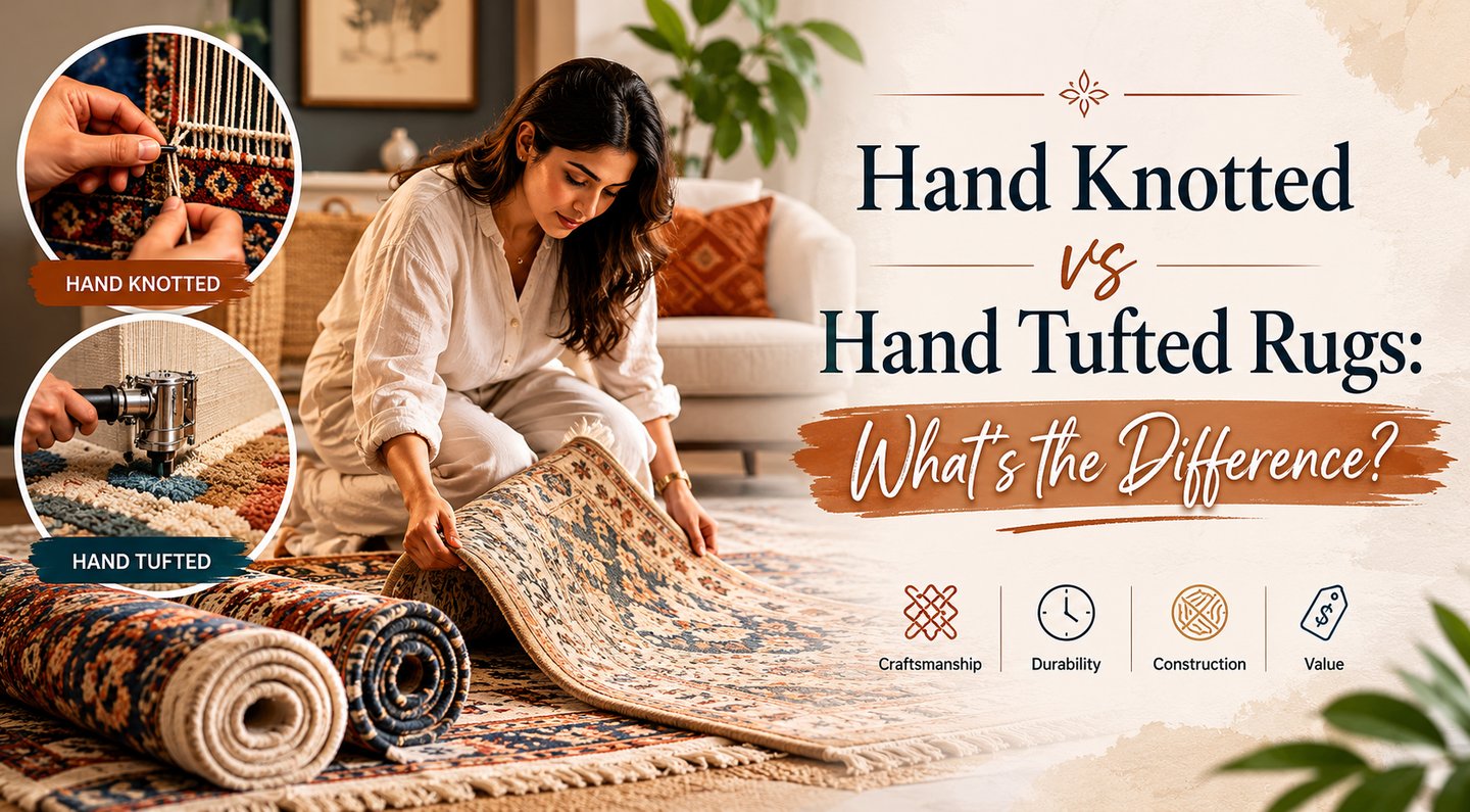 Hand knotted vs hand tufted rugs comparison showing craftsmanship, durability, design options, and p