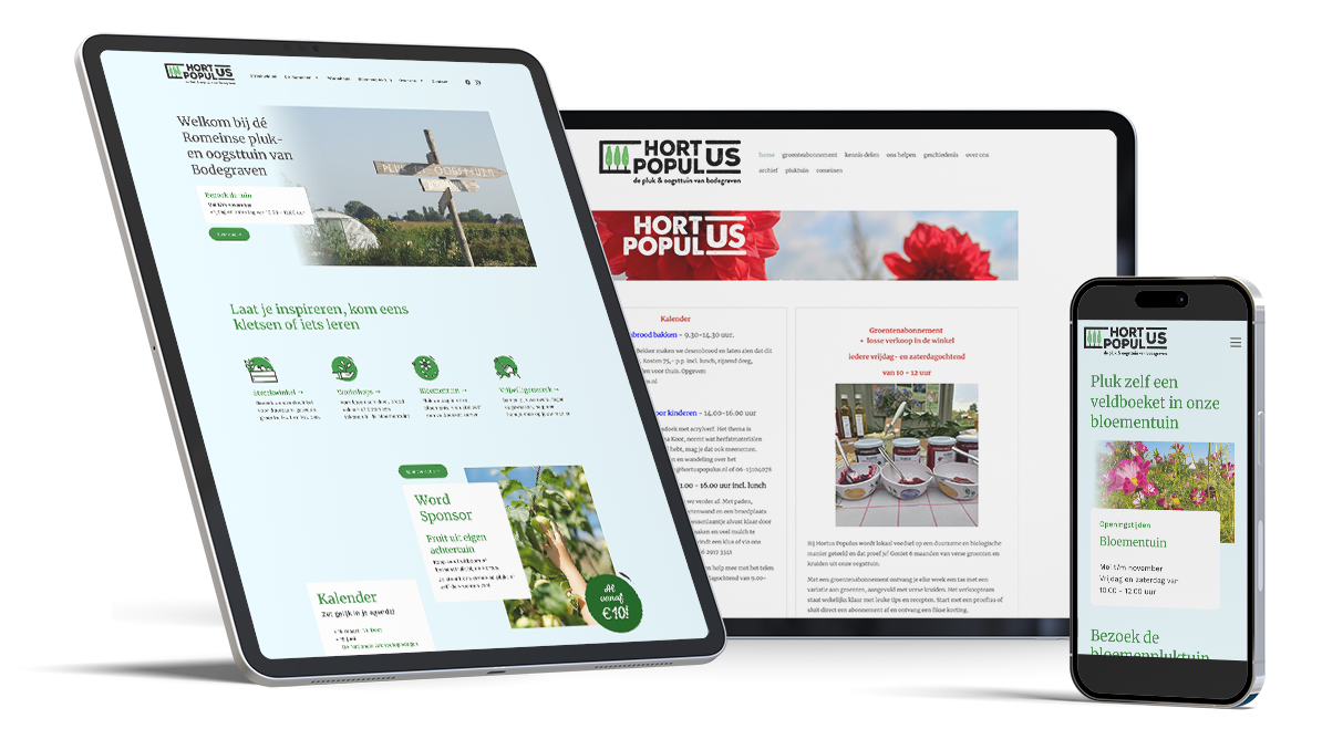 Mockup van ipads en iphone met website Hortus Populus