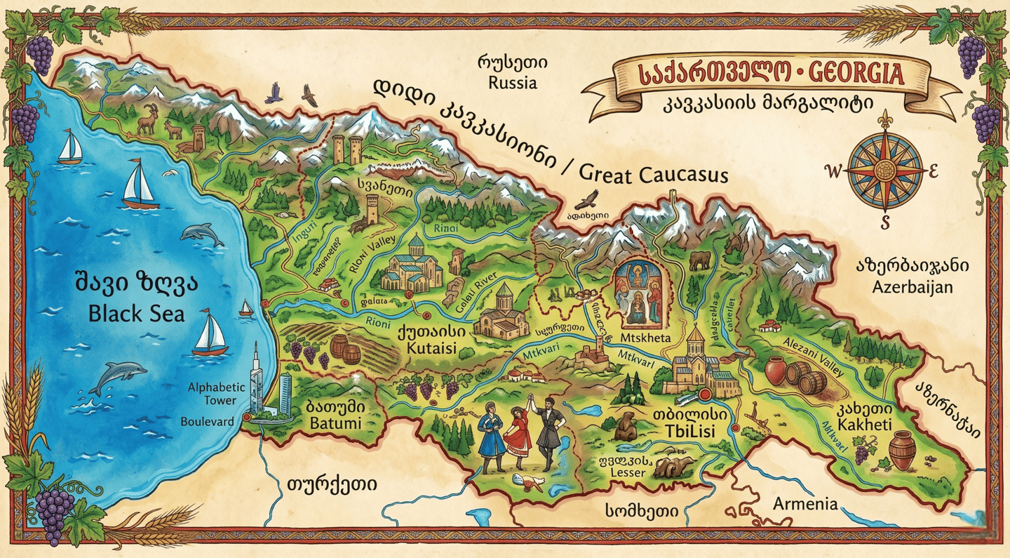 Illustrated map of the Caucasus Republic of Georgia.