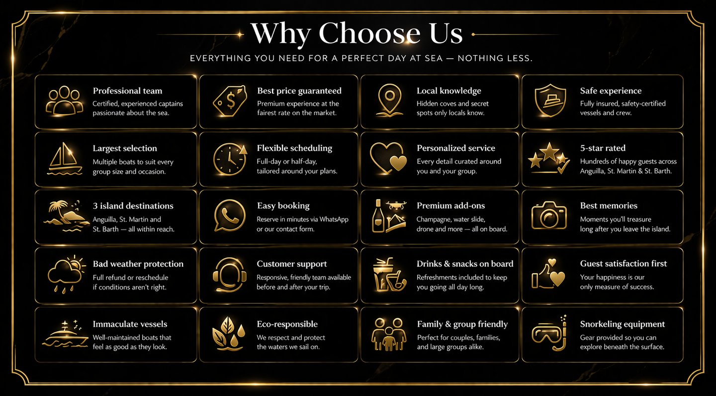why choose us, boat charter companies, private boat charter, premiumm charter sxm