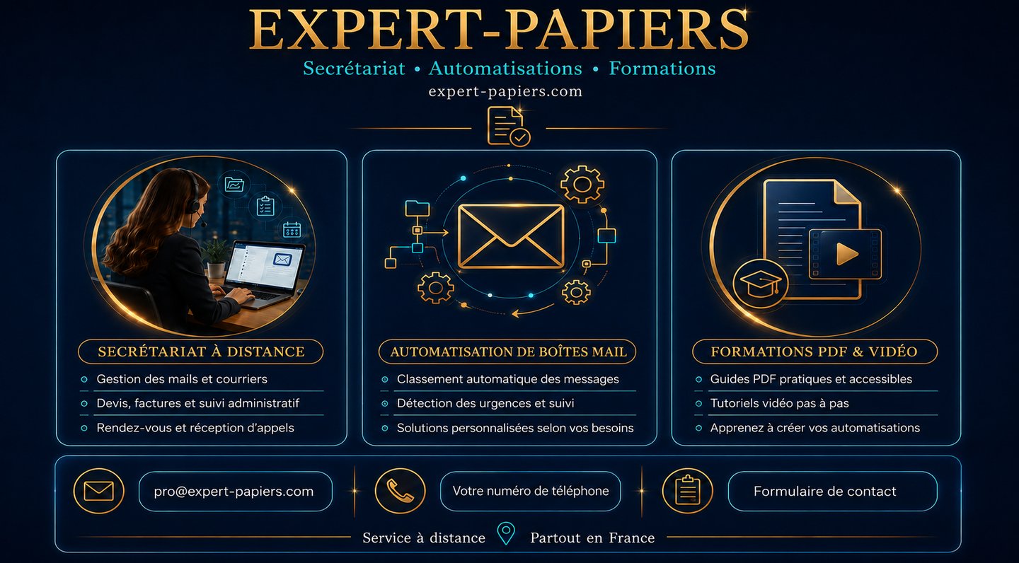 Infographic showing Expert-Papiers services: virtual assistant secretariat, email automation, and PDF video training.