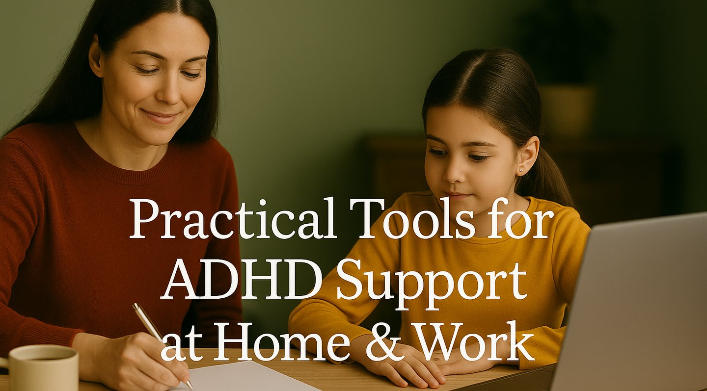 Mother and daughter working through an ADHD workbook together at home