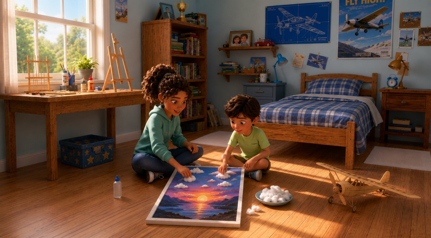 Two children, creating cotton cloud art on a sunset painting in a sunny, aviation-themed bedroom.