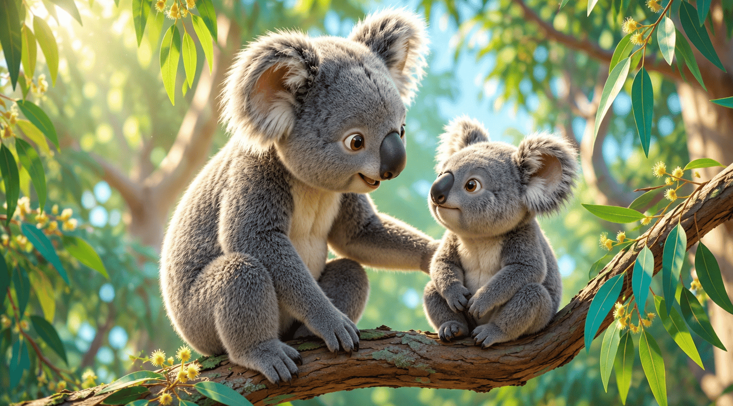 Two cute animated koalas sitting on a eucalyptus tree branch in a sunny Australian forest.