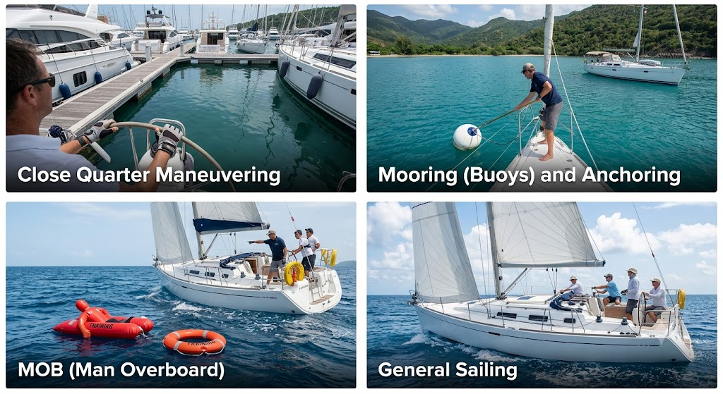 Boat Maneuvering, Mooring, MOB, Sailing