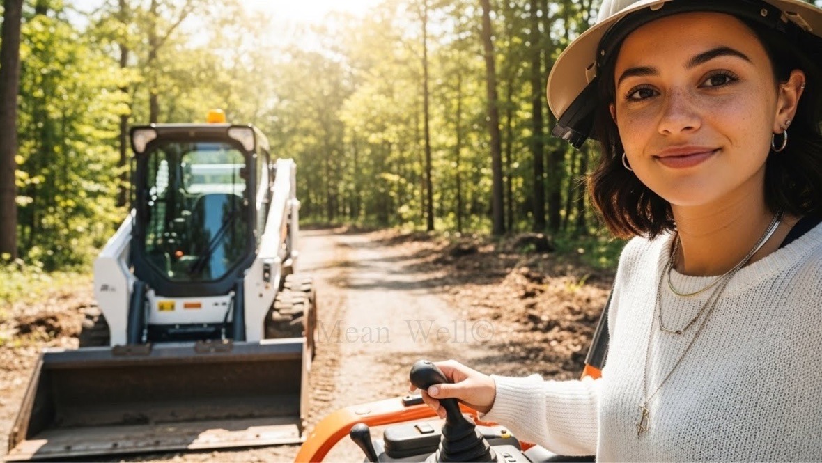 A smiling female operator using a skid steer loader for forest land clearing and construction.
