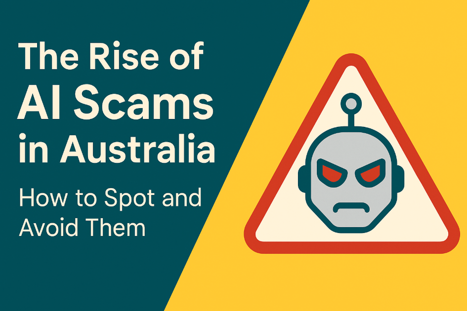 AI scam alert in Australia showing a hacker using deepfake and chatbot tools to impersonate victims