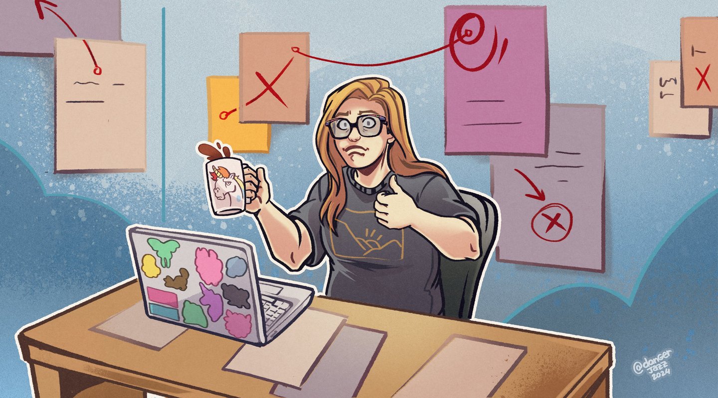 Cartoony illustration of Sara Dudenhoeffer sitting at her laptop looking a bit frazzled