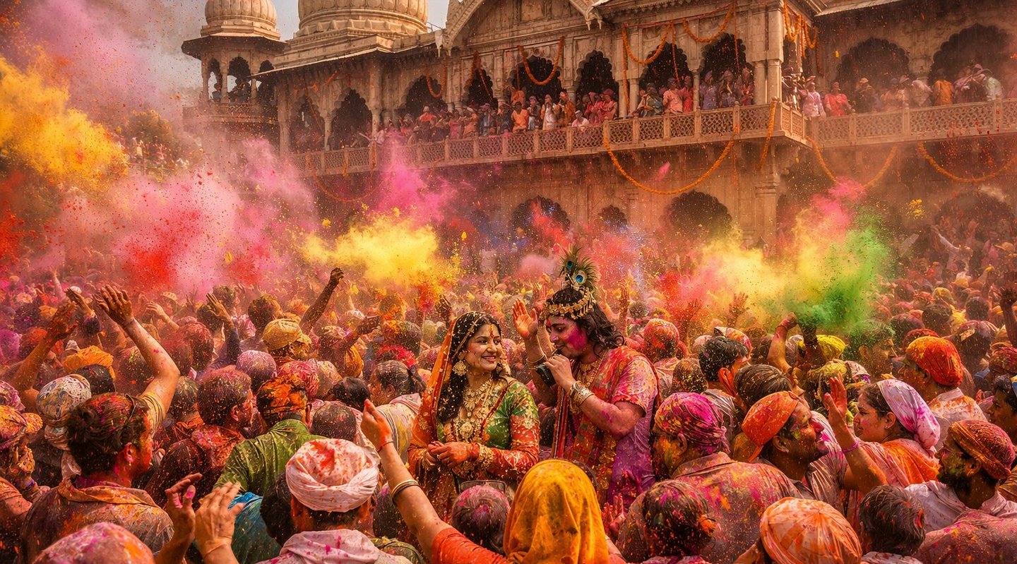 Holi celebration at Vrindavan Temple