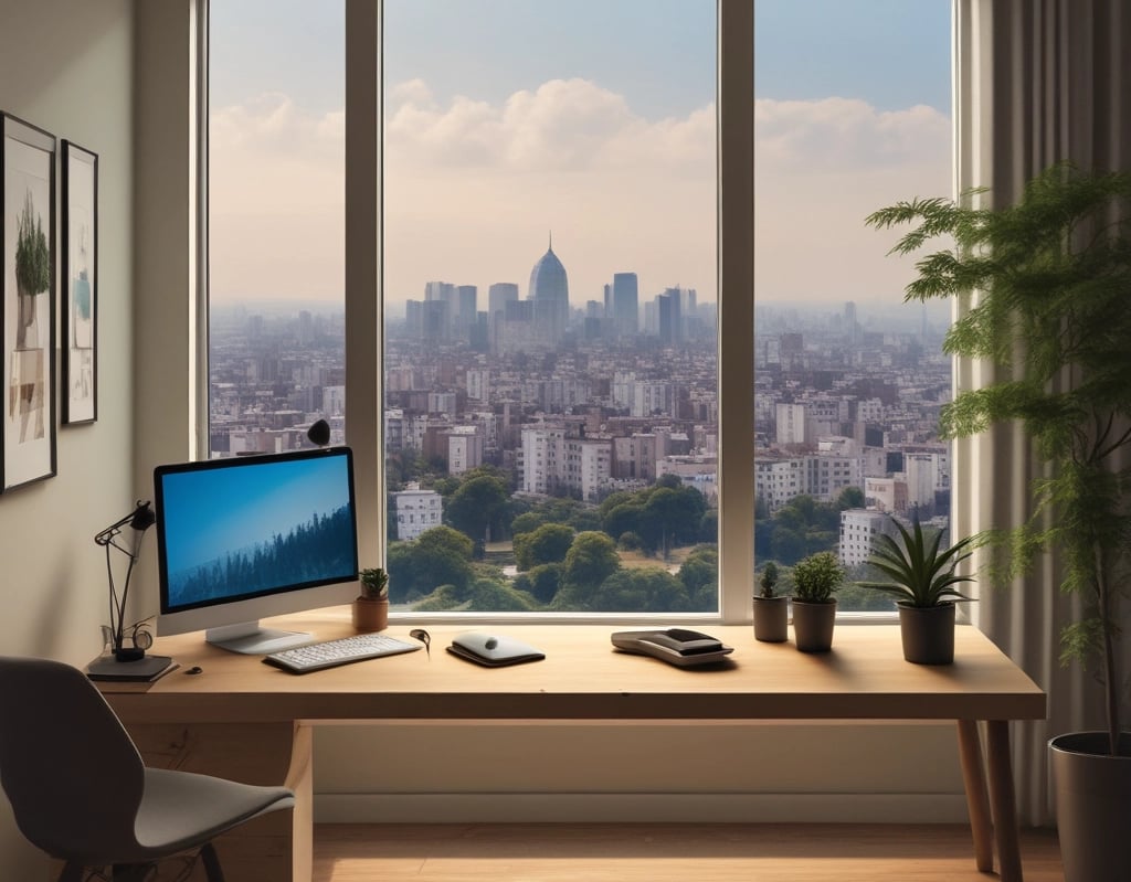 A modern office space with technology and teamwork.