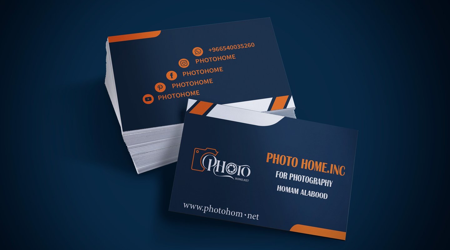 كروت عمل وهوية بصرية لشركة PhotoHome السعودية: خدمات تصوير احترافي للمنتجات والطعام في الرياض.