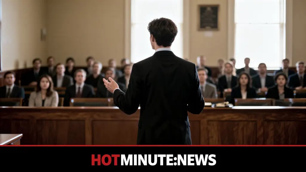 Whistleblowing — Sentenza di Bergamo: avvocato in piedi parla in aula, pubblico attento.