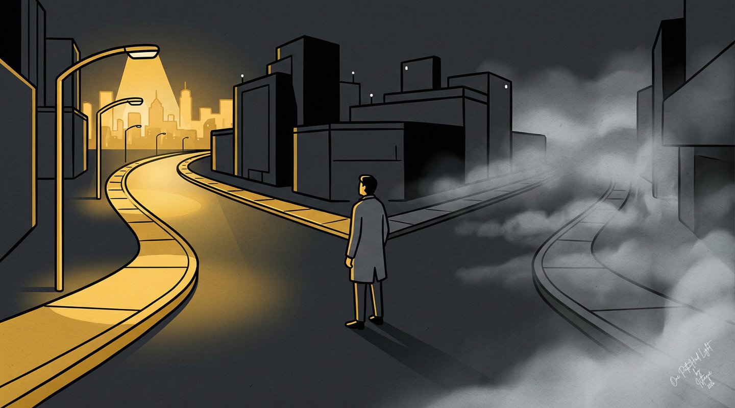 A man stands at a crossroads choosing between a bright illuminated city path and a dark foggy road.