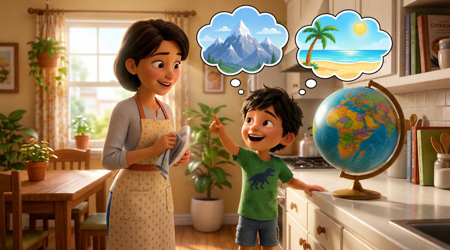 A boy points at a world globe dreaming of mountain and beach travel while his mother watches.