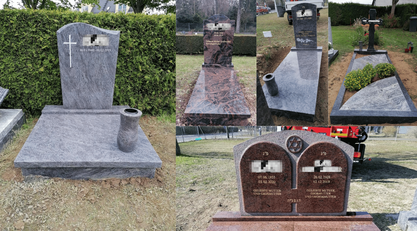 Verschiedene Grabmale mit verschiedenen Natursteinen auf dem Friedhof