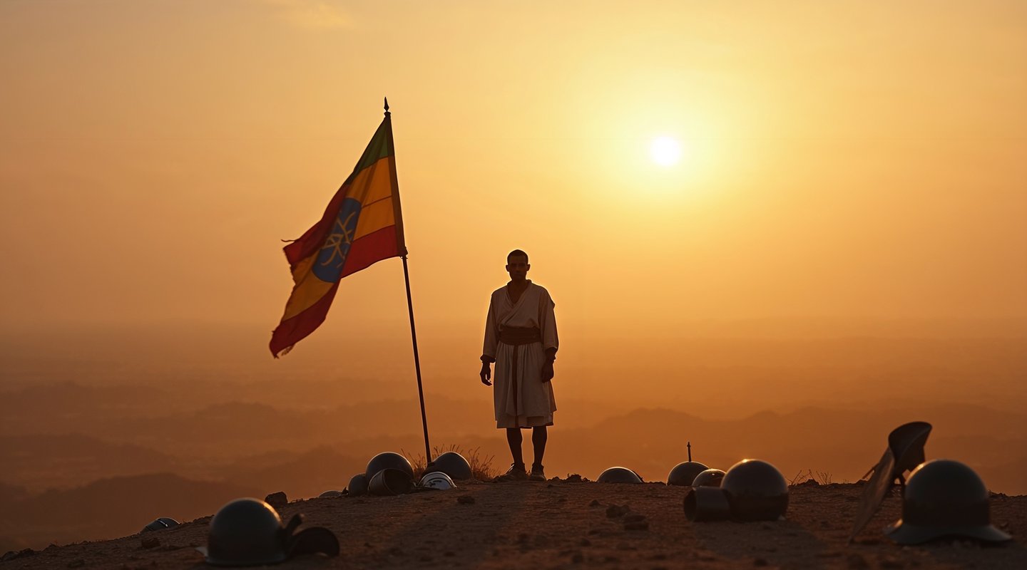 A loan Ethiopian warrior, stands triumphant