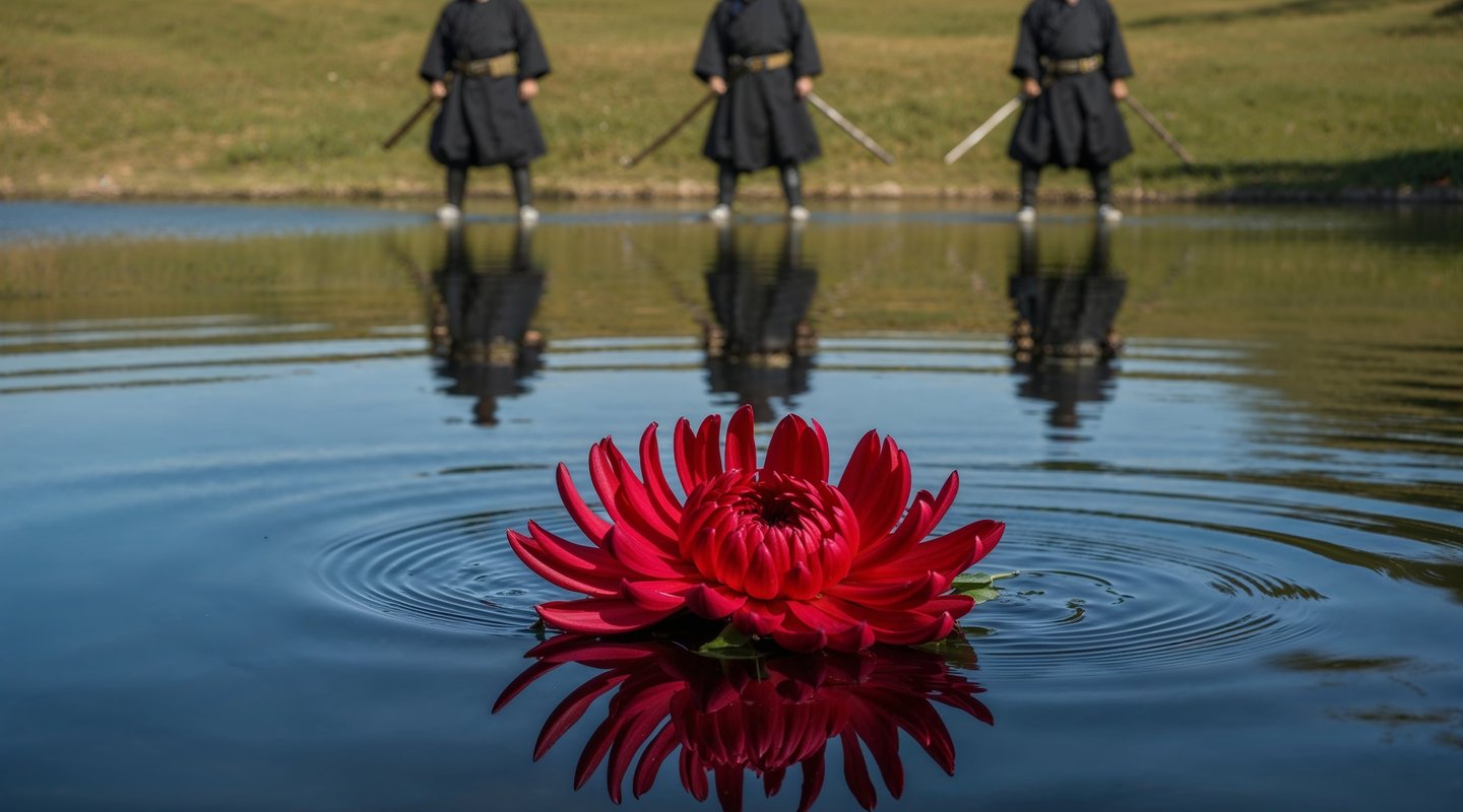 Samurai stand before a chrysanthemum, a symbol of sacrifice