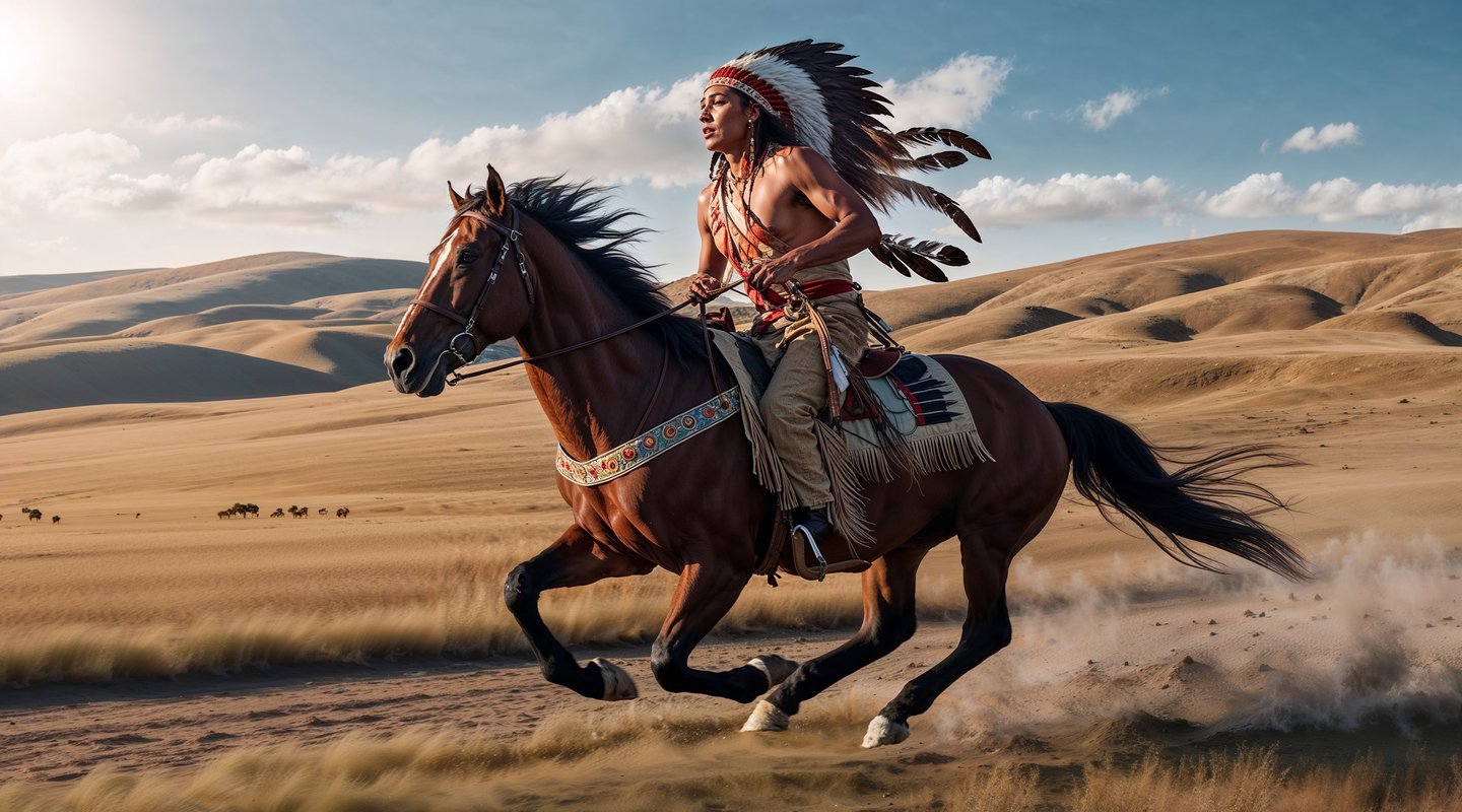 Cherokee Native American on horseback in the open plains