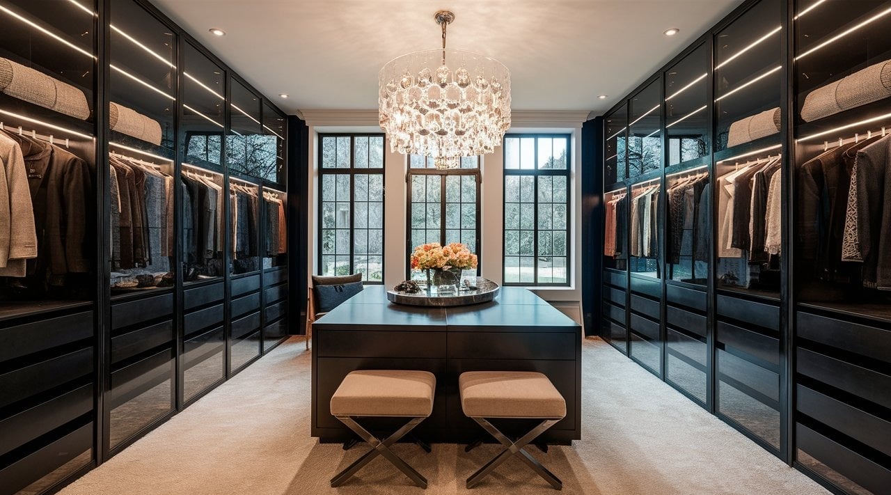a large closet with a chandelier and a chandelier