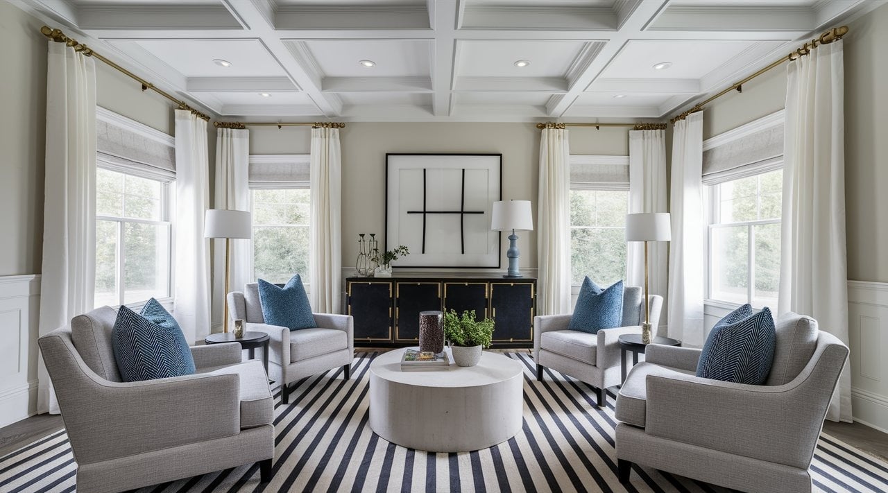 a living room with a striped rug and a striped rug
