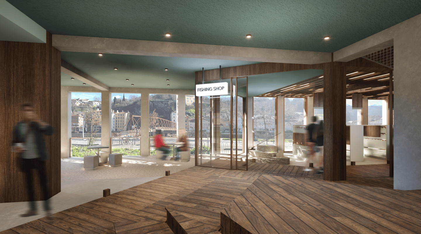 Terrasse couverte donnant sur le magasin de pêche et les quais de Saône