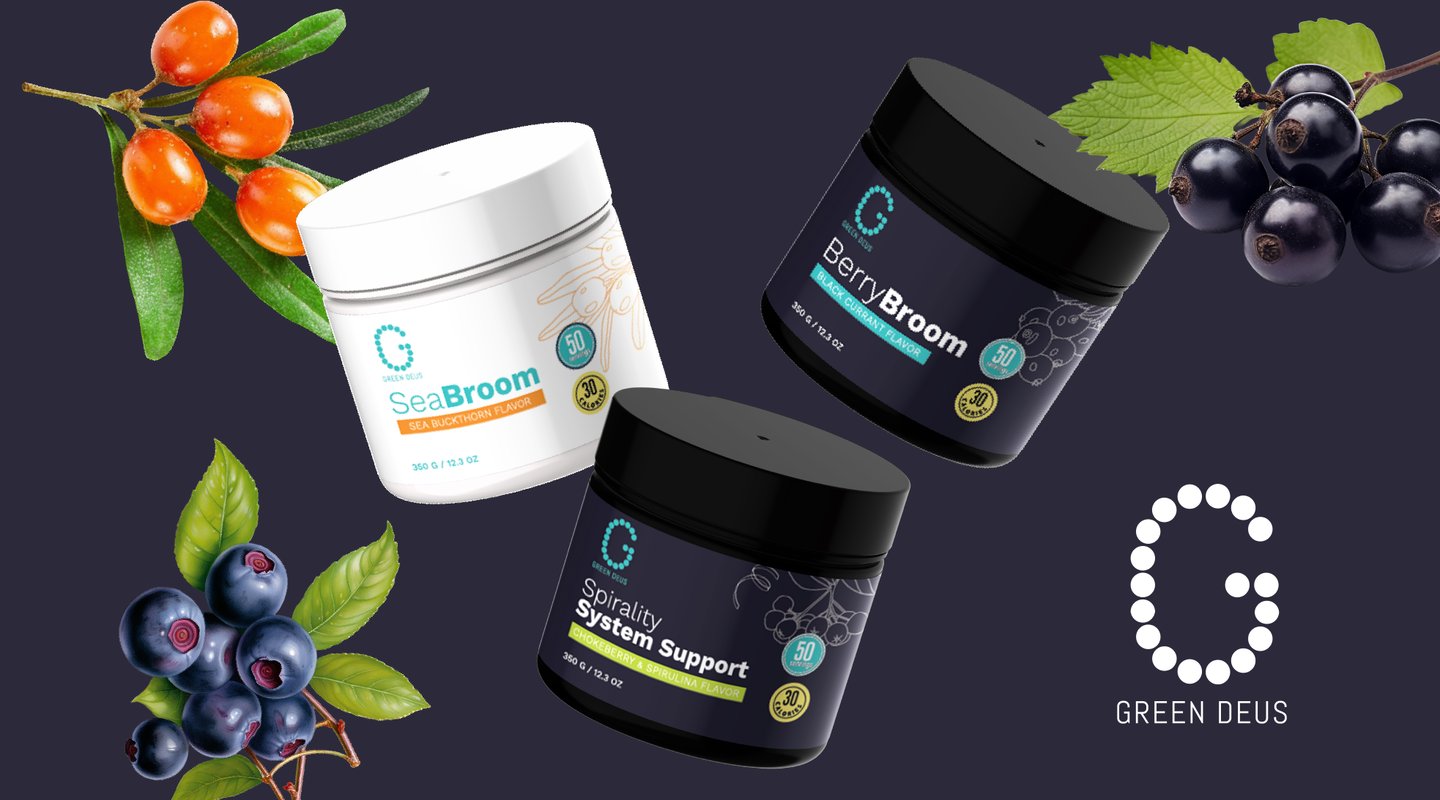 dark picture with supplement packaging Greendeus brand , berry flavor.