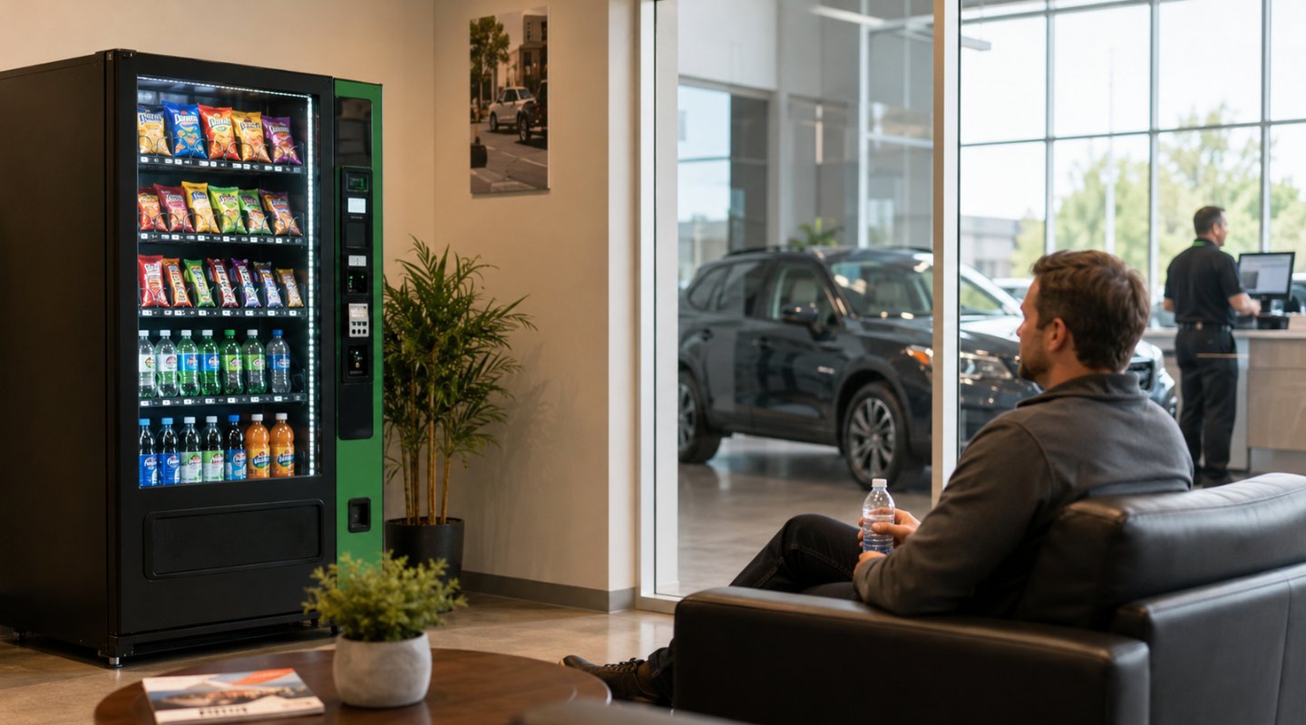 Modern snack and drink vending machine in a Nashville auto dealership customer waiting area.