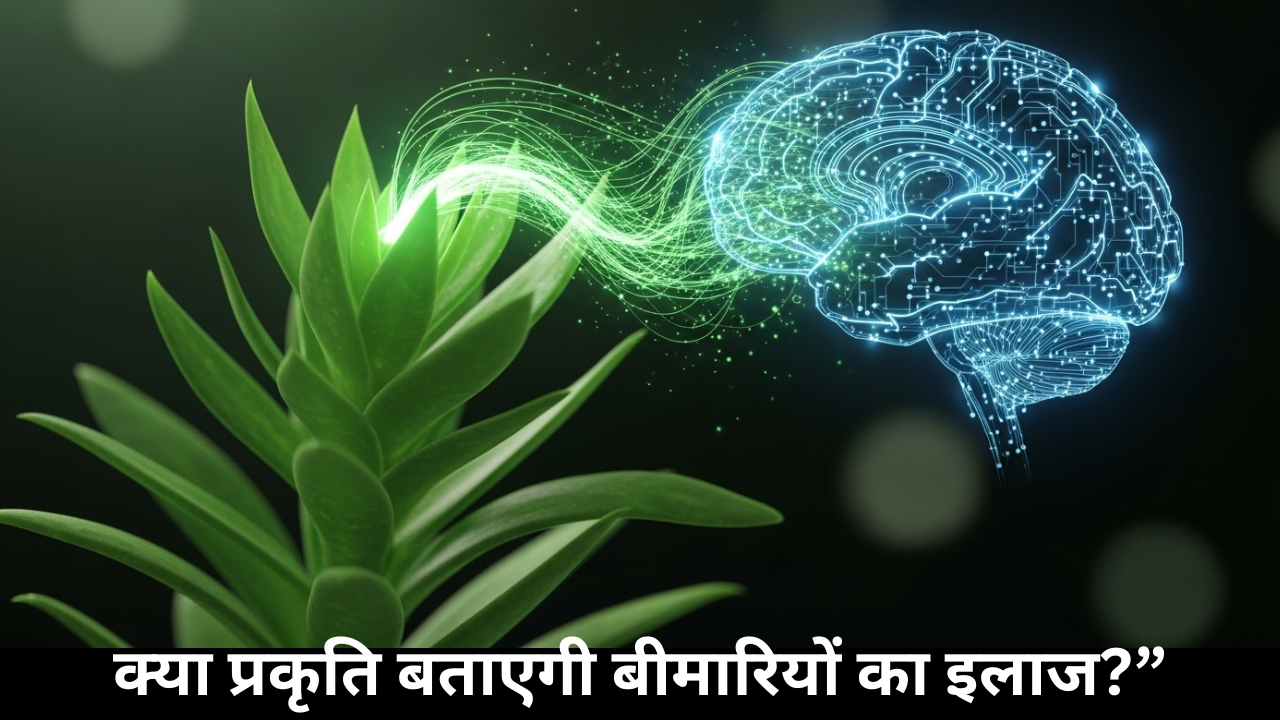 पौधों और मानव मस्तिष्क के बीच संचार दिखाता प्रतीकात्मक वैज्ञानिक चित्र