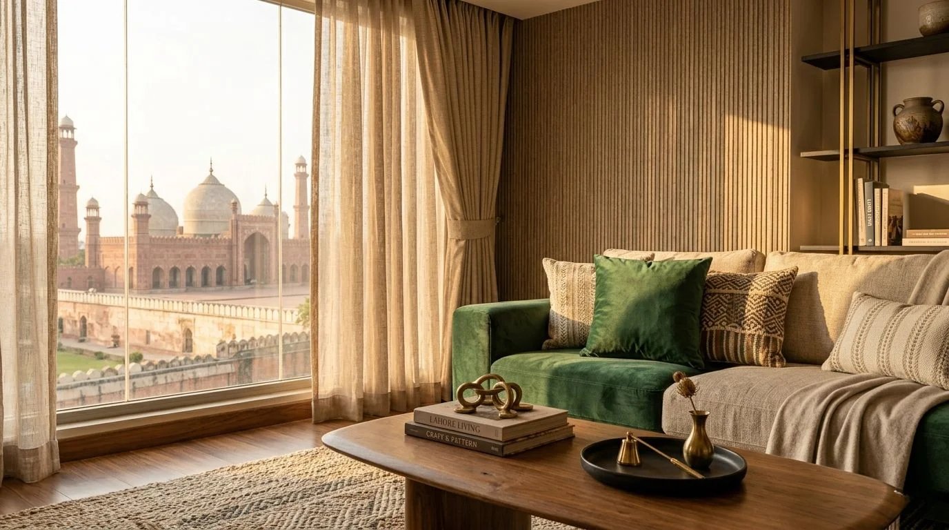 Home decor textures with cushions, rugs, and wooden interior design details