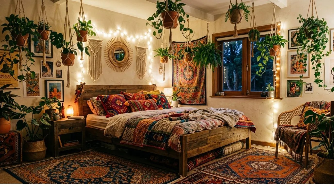 Bohemian bedroom with colorful decor, plants, and warm lighting ambiance