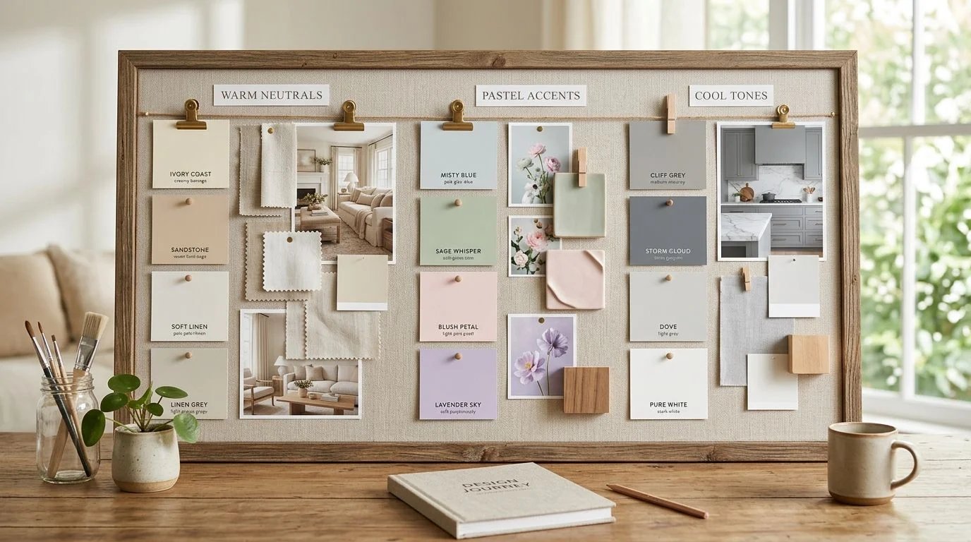 Home interior color palette with neutral and pastel shades for modern decoration.