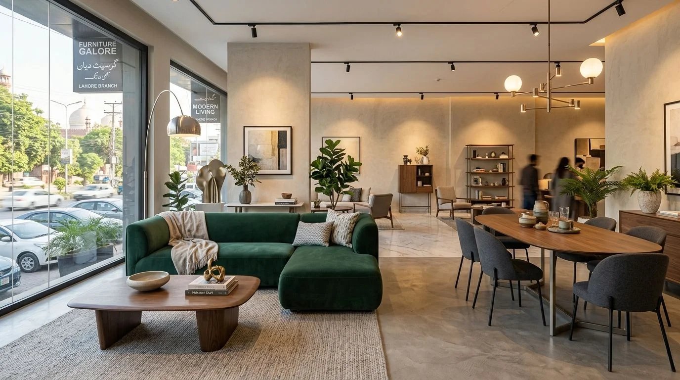 Modern furniture showroom with stylish sofa and wooden interior decor setup.