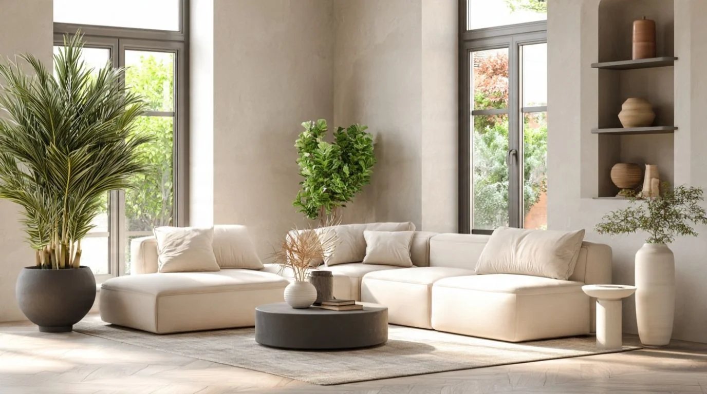 Modern stylish living room with elegant furniture and soft lighting interior design