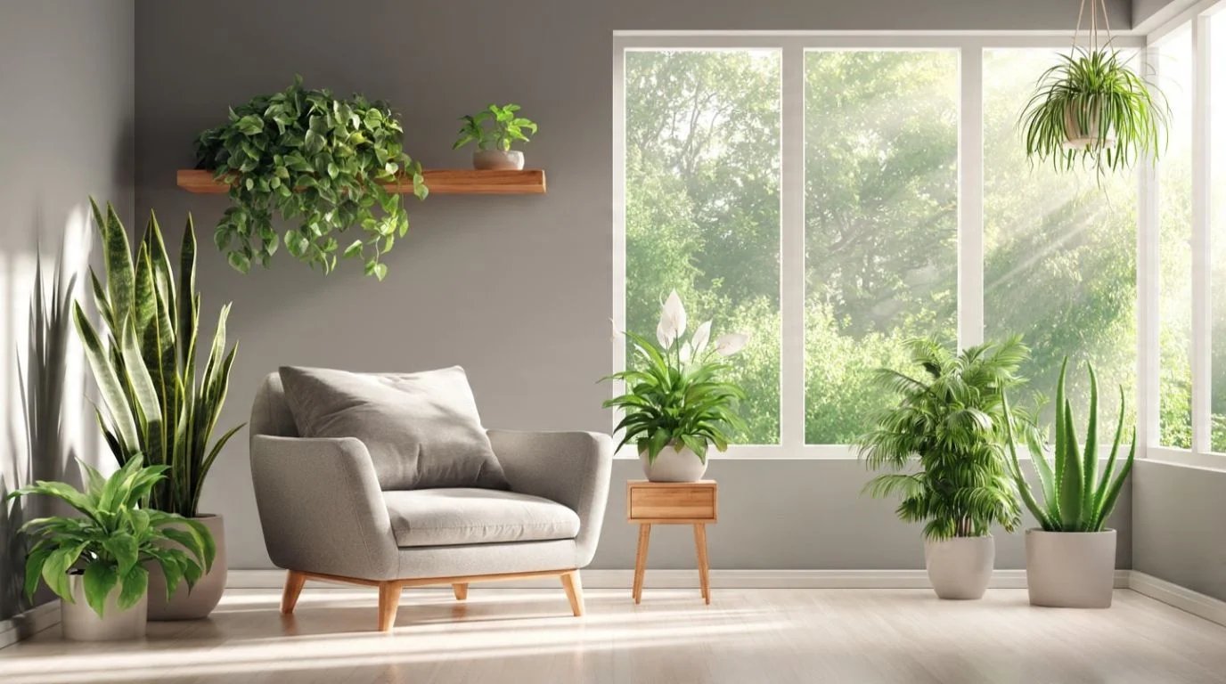 Indoor plants in modern home decor with natural sunlight and fresh atmosphere.