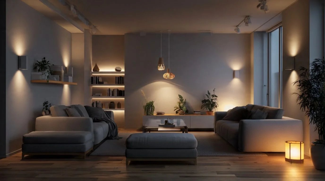 Cozy living room with warm lighting and modern interior LED design setup